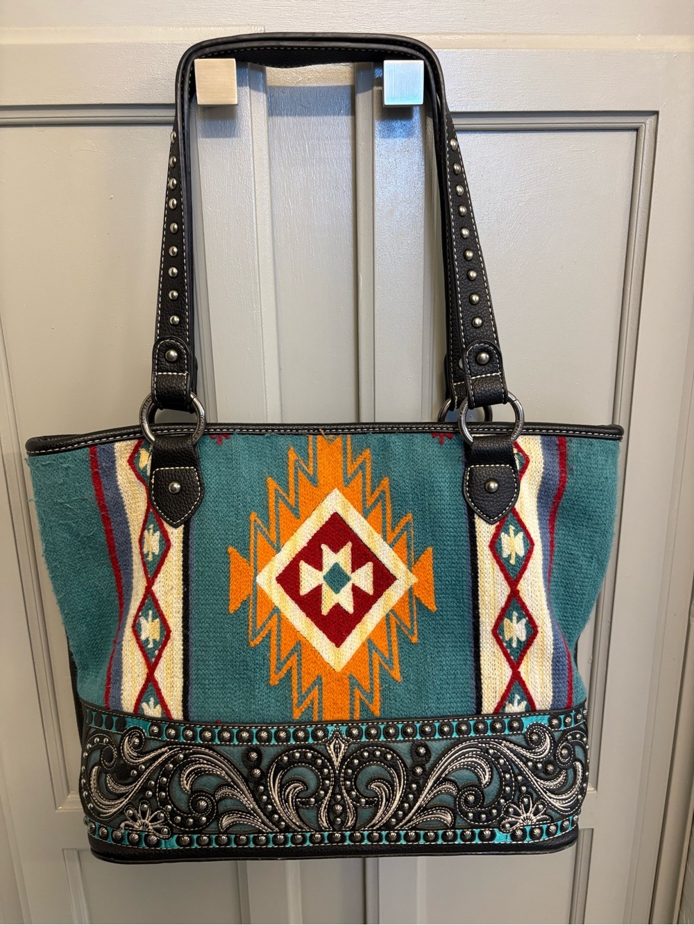 Turquoise Southwestern Pattern Tote Bag with Studded Trim